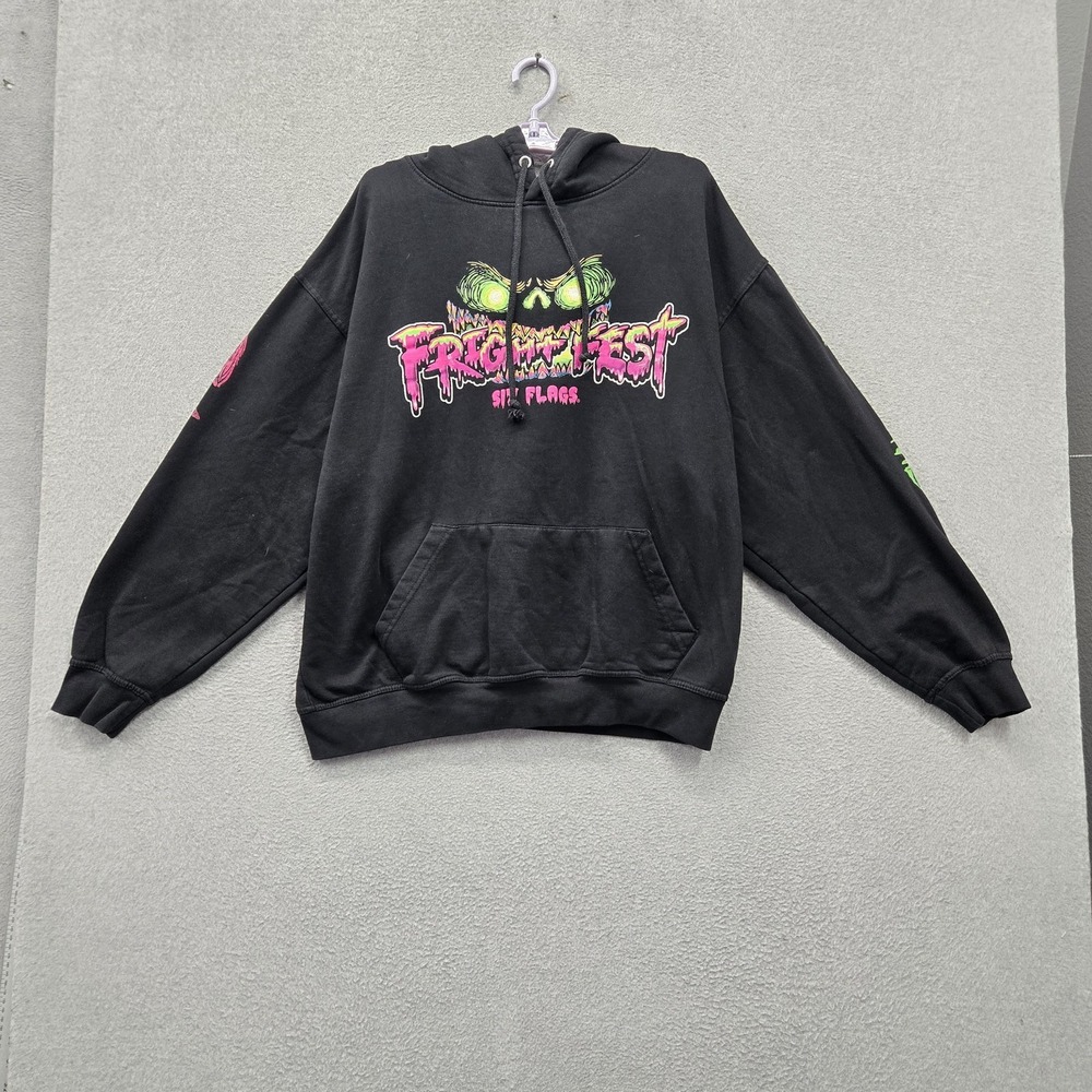 Six Flags Men Hoodie L Black Graphic Fleece Fright Fest Skull Halloween Horror